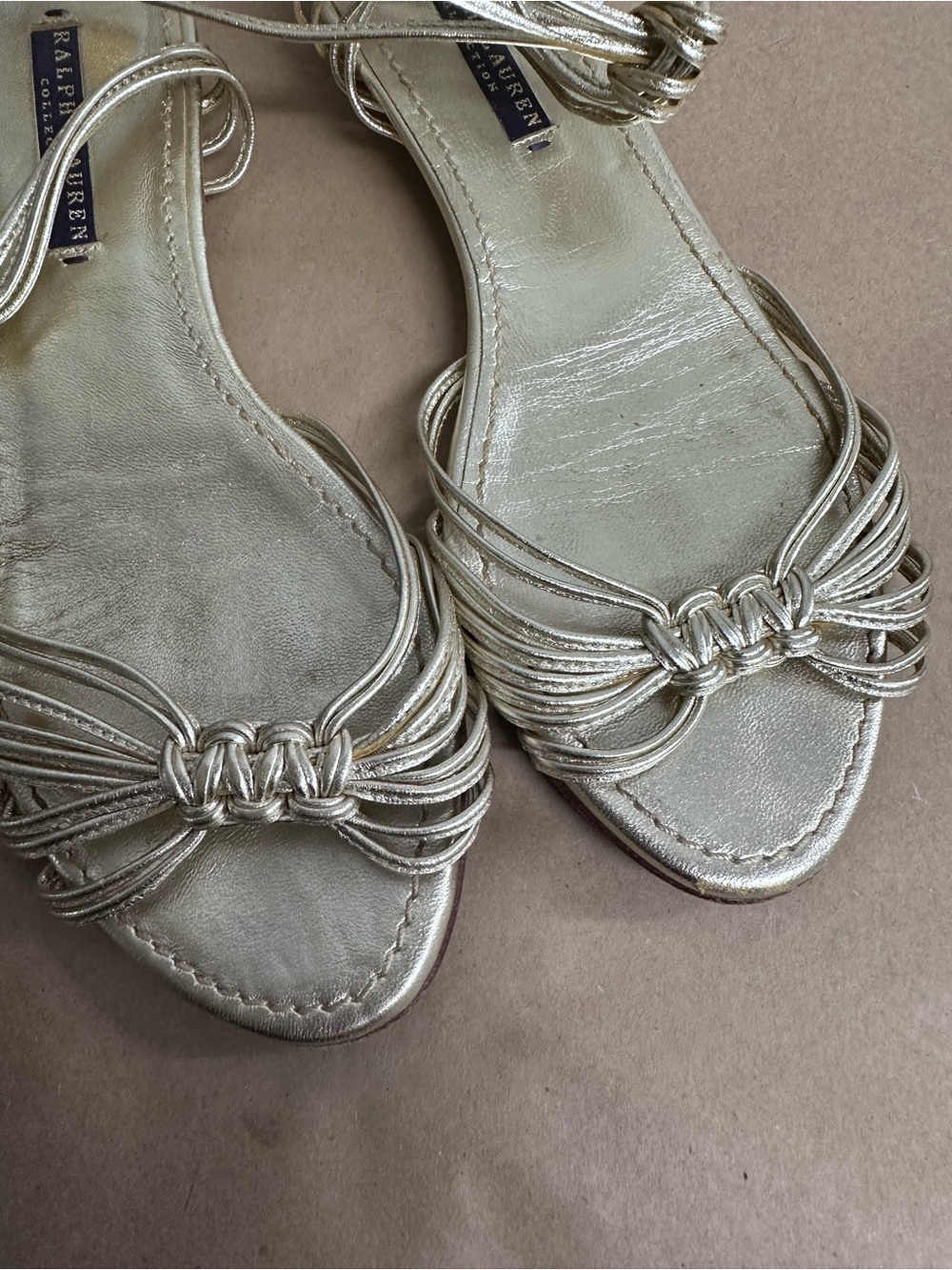 Ralph Lauren Purple Label Metallic Gold Lace-Up Braided Sandals - Picture 6 of 6